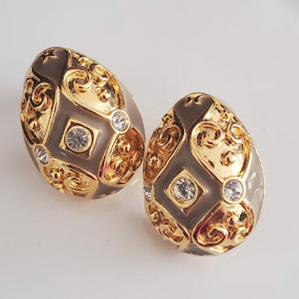 VTG Joan‎ Rivers Gold Tone Sage Green Stud Earrings Faberge Egg Style 90's
